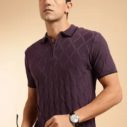 French Connection Pure Cotton Self Geometric Polo Collar Knit T-shirt-image-46