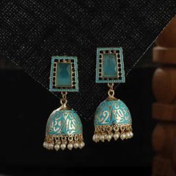 Aatmana Turquoise Blue Gold-Plated Stone Studded & Beaded Handcrafted Jhumki Earrings-0