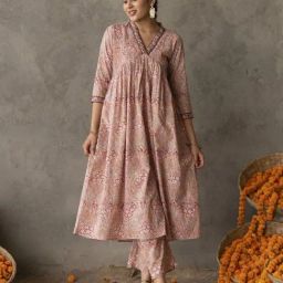 Akiso Reet Peach Block Printed Embroidered Detail A Line Kurta-image-44