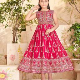 Aarika Girls Pink Embroidered Gown with Unstiched Sleeves-image-105
