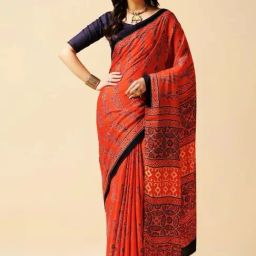 Aditri Red Handprinted Ajrakh On Modal Silk Saree-picture-6