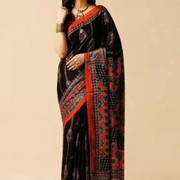 Aditri Black Handprinted Ajrakh On Modal Silk Saree-picture-15