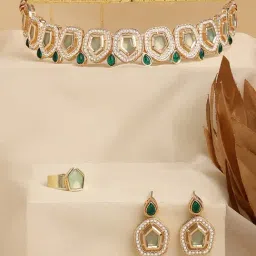Zaveri Pearls Green Stones Dazzling Austrian Diamonds Necklace Earring & Ring Set-ZPFK17278-image-73