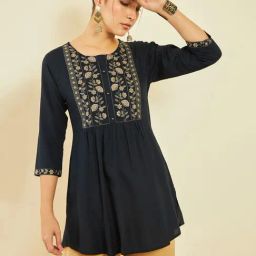 Soch Navy Blue Rayon Floral Embroidered Round-Neck Tunic with Vented Hemline-image-25