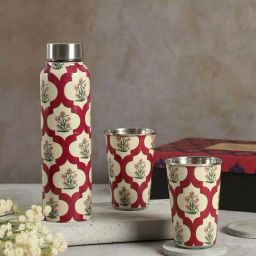 India Circus by Krsnaa Mehta Red Copper Poppy Flower Scarlet Bottle & Tumbler Set-image-36