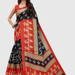 KSUT Black & Red Printed Saree With Unstitched Blouse-image-93