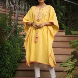 Juniper Yellow Geometric Printed Cotton Dobby Kaftan With Thread Work Embroidery-24