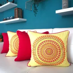 TARA Sparkling Homes Colors of India Red & Yellow Cotton Cushion Cover - Set of 4-11