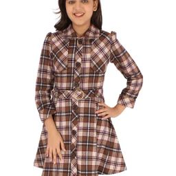 Cutecumber Kids Brown Checks Full Sleeves Shirt Dress with Belt-image-56