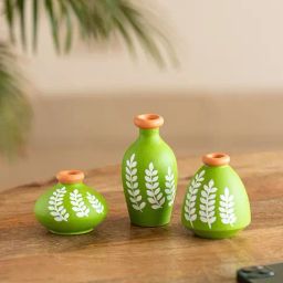 ExclusiveLane Ethnic Foliage Trio Hand-Painted Green Terracotta Pots Showpieces - Set of 3-image-46