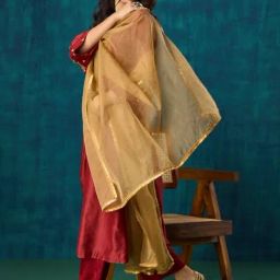 Mushio Antique Gold Damini Organza Dupatta With Lace Detailing-picture-29