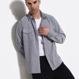 SHOWOFF Grey Slim Fit Solid Shirt-image-58