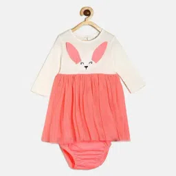 MINIKLUB Kids Cream & Coral Solid Full Sleeves Dress with Bloomers-image-69