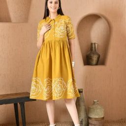 DECKEDUP Mustard Cotton Printed Short Sleeves Dress-image-67