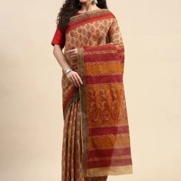SHANVIKA Brown & Red Pure Cotton Ethnic Motifs Print Saree-6