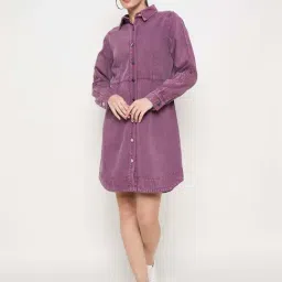 MADAME Purple Plain Shirt Dress-image-4