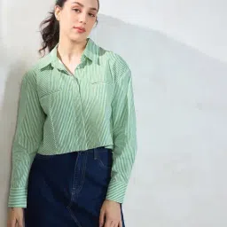 VIRGIO Green Cotton Stripes Long Sleeves Shirt-image-36
