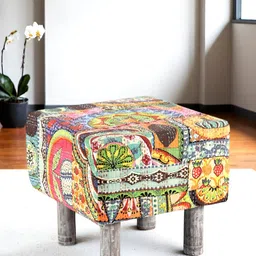Ikiriya Yellow & Green Printed Wooden Square Ottomans-21
