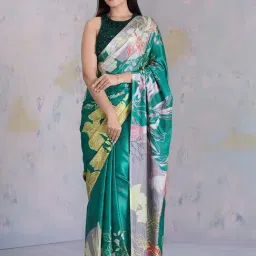 navyasa by liva Green Printed Saree With Unstitched Blouse-picture-21