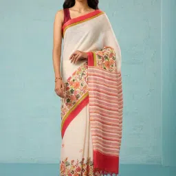 Taneira Off-White Linen Floral Print Saree With Unstitched Blouse-image-34