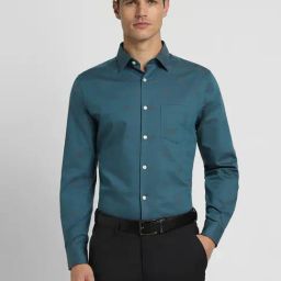 Peter England Elite Green Cotton Slim Fit Printed Shirt-image-79