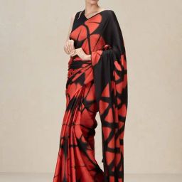 navyasa by liva Black & Rust Printed Saree With Unstitched Blouse-image-4
