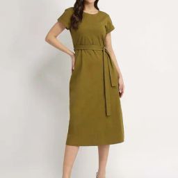 Fablestreet Olive Cotton Knit A-Line Dress-image-21