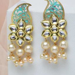 Panash Gold Plated & Sea Green Kundan Paisley Shaped Drop Earrings-22