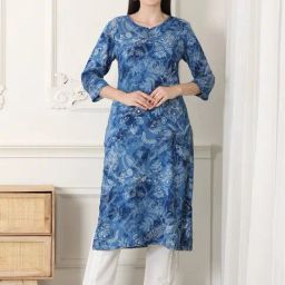 W Blue Printed Straight Kurta-image-44