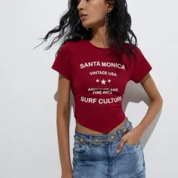 nuon women Nuon by Westside Burgundy Text Detailed Cotton-Blend T-Shirt-picture-15