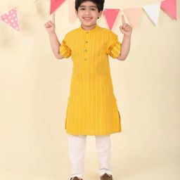 Fabindia Boys Yellow Cotton Striped Kurta-image-97