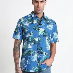 Showoff Blue Cotton Slim Fit Floral Shirt-image-65