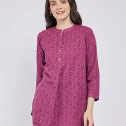Span Purple Cotton Floral Three-Quarter Sleeves Kurta-image-49