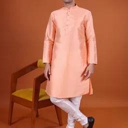 NAMASKAR Men Mandarin Collar Pure Silk Kurta with Churidar-picture-1