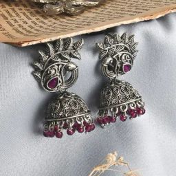 Teejh Ethnic Rukmani Silver Oxidized Jhumki Earring-image-9