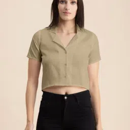 Moomaya Beige Regular Fit Cropped Shirt-image-36