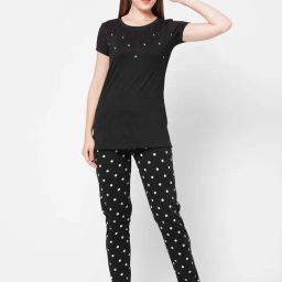 Sweet Dreams Jet Black Cotton Polka Dots T-Shirt Pyjama Set-image-46