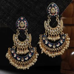 Aatmana Blue Gold-Plated Meenakari & Pearls Beaded Chand Bali Earrings for Women-35