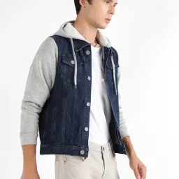 Campus Sutra Grey & Navy Regular Fit Colour Block Denim Jacket-image-20