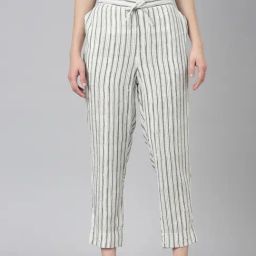 SHOWOFF White & Olive Cotton Striped Mid Rise Trousers-picture-34