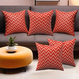 Aura Red & Beige Set of 5 Floral Square Cushion Covers-5