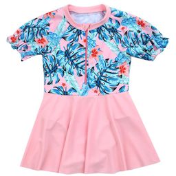 Babyoye Half Sleeves Frock Swimsuit Tropical Print - Pink-image-84