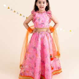 Pspeaches Cap Frill Sleeves Floral Rose Printed Border Lace Embellished Lehenga Choli Set - Pink-image-5