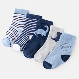 cute walk by babyhug Cutewalk By Babyhug Cotton Anti Bacterial Ankle Length Striped & Dino Print Socks Pack of 5 - Blue-picture-2