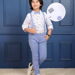 Mark & Mia Full Sleeves Printed Shirt and Trouser Set with Bow and Suspender - White-image-0