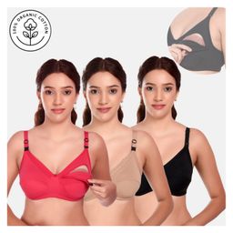 Elite Mom Pack Of 3 Solid Maternity Nursing Bra - Pink Beige & Black-image-89