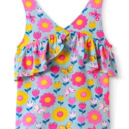 Babyhug Cotton Knit Sleeveless Top with Floral Print & Frill Detailing - Blue-image-52