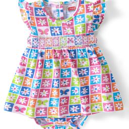Babyhug 100% Cotton Knit Frill Sleeves Checks & Floral Printed Frock Style Onesie - Multicolour-image-83