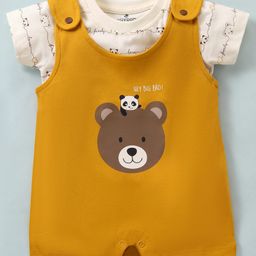 Ollypop Interlock Half Sleeves Bear Printed Romper Style Dungaree with Half Sleeves T-Shirt - Yellow-image-85