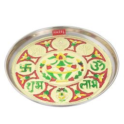 HAZEL Steel Shubh Labh Designer Puja Thali -silver-image-7